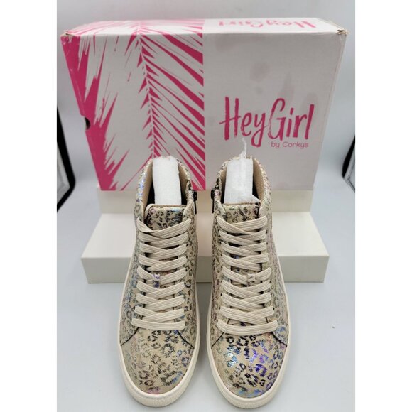 Hey Girl by Corkys Size 8 Leopard Imagine High Top Sneakers Beige Metallic - Picture 2 of 8